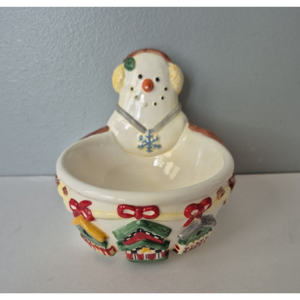 Debbie Mumm Sakura Christmas Holiday Snowman Ceramic Candy Dish or Serving Bowl